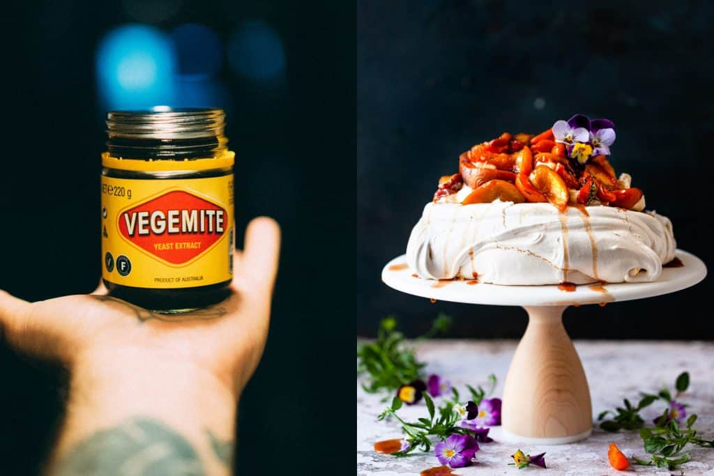 two images, one of a person holding a bottle of vegemite and another of a pavlova on a cake stand