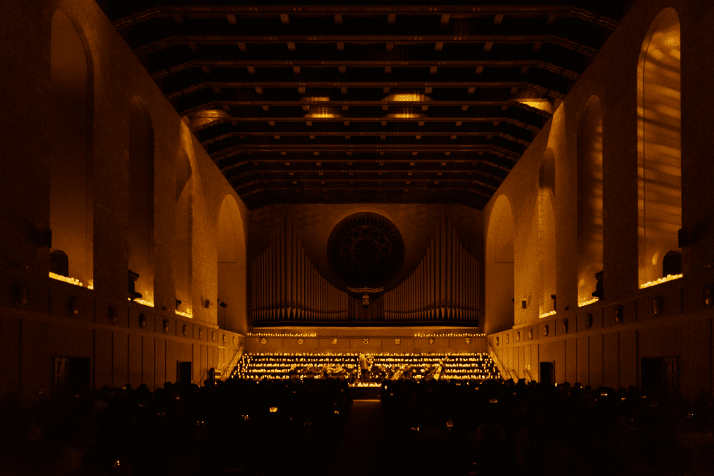 Winthrop Hall illuminated by candles