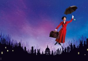 Mary Poppins drifting into the sky holding onto umbrella