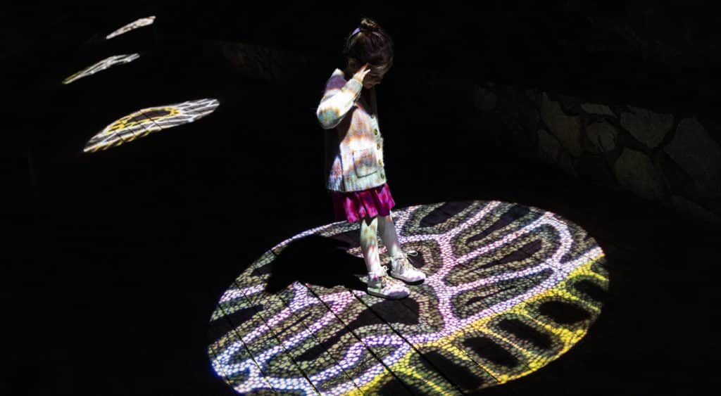 Child standing on a light projection on the ground